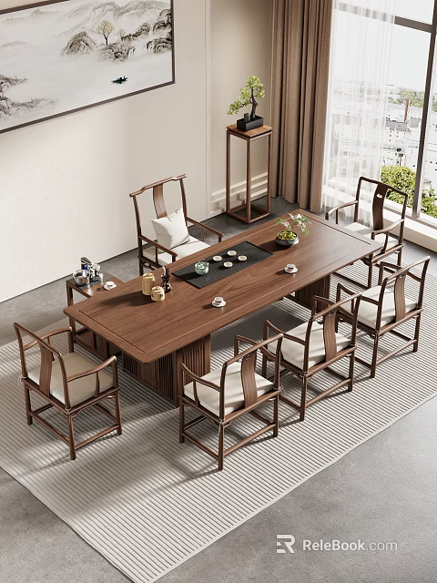 Chinese Style Solid Wood Tea Table And Chairs With Tea Set And Carpets Near Window 3d model 