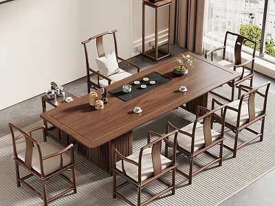 Chinese Style Solid Wood Tea Table And Chairs With Tea Set And Carpets Near Window 3d model