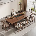 Chinese Style Solid Wood Tea Table And Chairs With Tea Set And Carpets Near Window