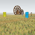 Rural Landscape With Golden Wheat Field Colorful Signs Wooden Waterwheels Blue Sky and White Clouds
