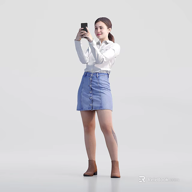 Woman Taking Selfie In White Shirt Blue Denim Skirt And Brown Boots 3d model 