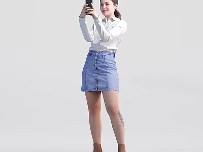 Woman Taking Selfie In White Shirt Blue Denim Skirt And Brown Boots 3d model