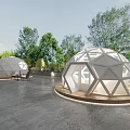 Birds Eye View Aerial Planning of Modern Dome Structures in Outdoor Landscape With Trees