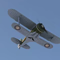 Vintage Green Biplane Fighter Plane Flying With Propeller In Blue Sky