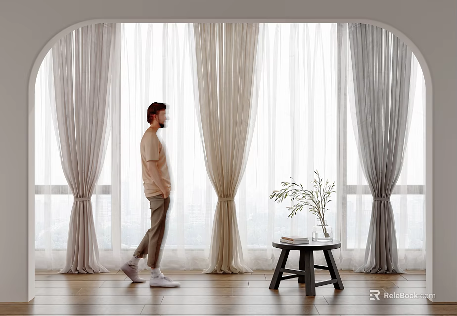 Lightweight Neutral Curtains in Modern Bright Arch Window Room with Wooden Floor and Side Plant 3d model 