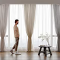 Lightweight Neutral Curtains in Modern Bright Arch Window Room with Wooden Floor and Side Plant