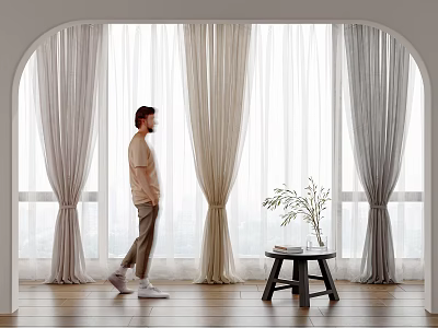 Lightweight Neutral Curtains in Modern Bright Arch Window Room with Wooden Floor and Side Plant 3d model