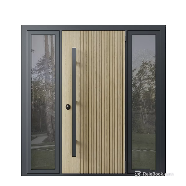 Modern Wooden Door With Vertical Stripes Black Frame And Glass Side Panels Viewing Trees Outside 3d model 