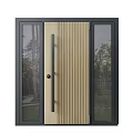 Modern Wooden Door With Vertical Stripes Black Frame And Glass Side Panels Viewing Trees Outside