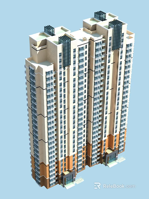 Modern High Rise Residential Building With Beige White and Orange Exterior and Multiple Windows 3d model 