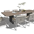 Modern Dining Table And Chairs Set With Wooden Top Metal Frame And Tabletop Plant
