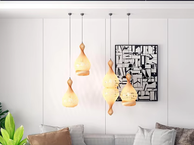 Modern Living Room Interior With Stylish Bamboo Pendant Lights And Abstract Wall Art 3d model
