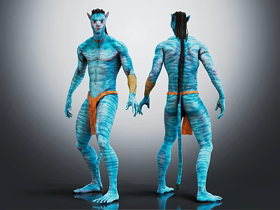 Blue Skinned Fictional Character Featuring Body Paint Tail Braided Hair Front And Back Views 3d model