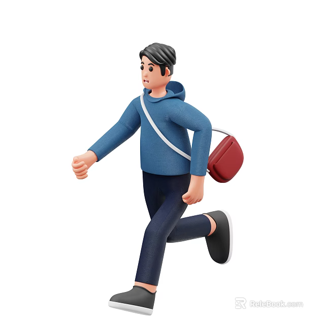 Man Running in Blue Hoodie with Red Bag and Dark Pants 3d model 