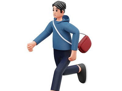 Man Running in Blue Hoodie with Red Bag and Dark Pants 3d model