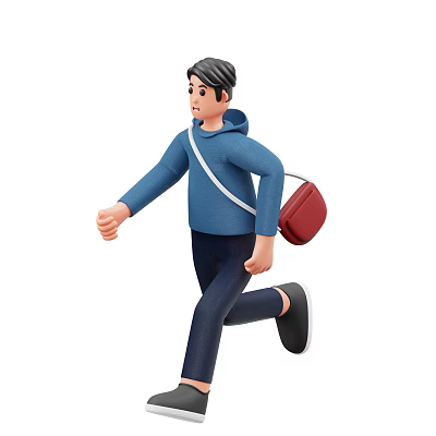 Man Running in Blue Hoodie with Red Bag and Dark Pants 3d model