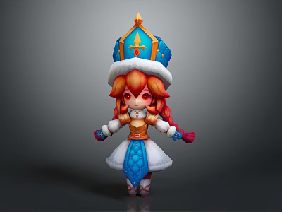 Chibi Game Character With Orange Hair Blue And White Outfit Golden Decorations 3D Model Design 3d model