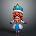 Chibi Game Character With Orange Hair Blue And White Outfit Golden Decorations 3D Model Design