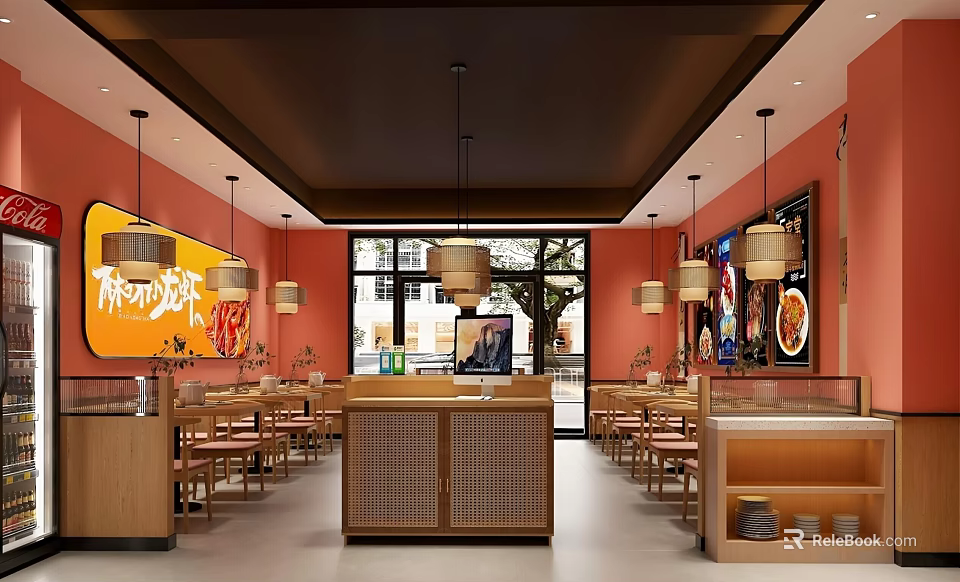 Chinese Restaurant Interior Featuring Red Walls Black Ceiling Hanging Lantern Lights And Wooden Furniture 3d model 