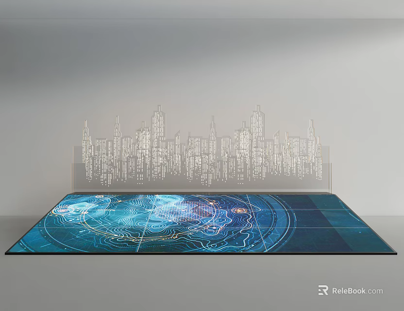 Modern Commercial Equipment With Blue Circular Pattern And City Skyline Silhouette 3d model 