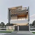 Modern Detached Villa with Two Story Metal Grille Balcony Stone Wall Exterior and Glass Windows
