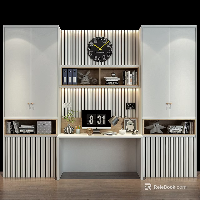 Modern White Wardrobe with Bookshelves Clock and Study Desk Setup 3d model