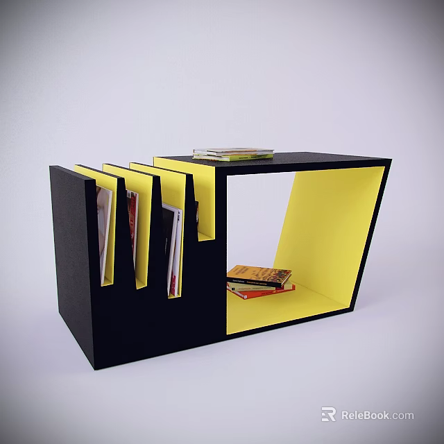 Modern Black and Yellow Bookshelf With Slot Compartments and Open Shelf Holding Books 3d model 