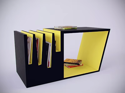 Modern Black and Yellow Bookshelf With Slot Compartments and Open Shelf Holding Books 3d model