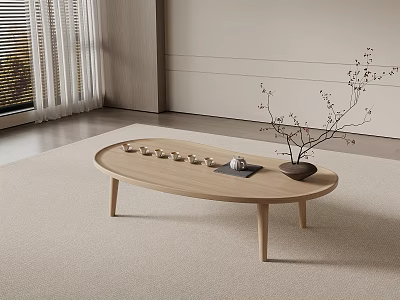 Minimalist Wooden Oval Coffee Table With Teacups Tray And Twig Vase In Living Room 3d model