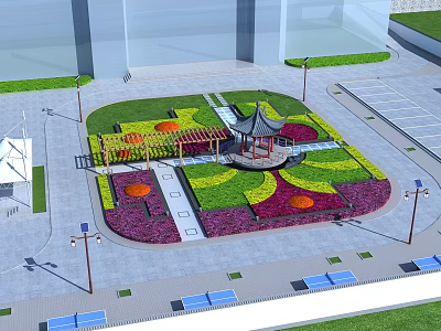 Vibrant Urban Park Landscape With Colorful Flower Beds Central Pavilion And Pathways 3d model