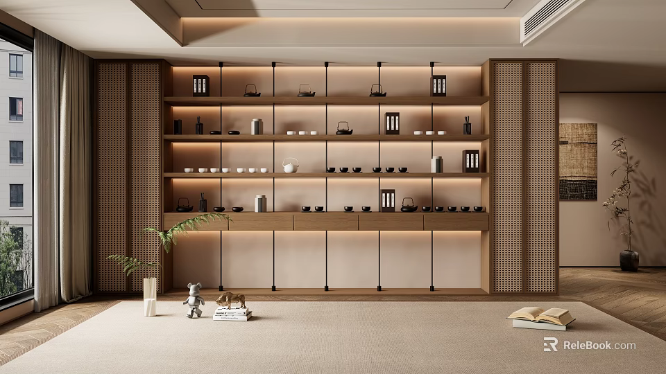 Modern Minimalist Bookcase Design With Built-in Lighting Shelves And Decorative Items 3d model 