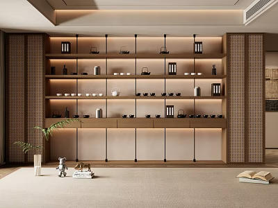 Modern Minimalist Bookcase Design With Built-in Lighting Shelves And Decorative Items 3d model