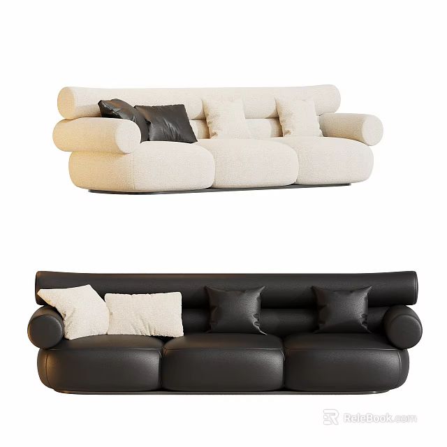 Modern Three Seater Sofa With Plush And Leather Design Black White Cushions 3d model 