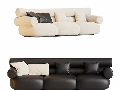Modern Three Seater Sofa With Plush And Leather Design Black White Cushions 3d model