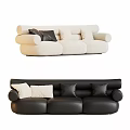Modern Three Seater Sofa With Plush And Leather Design Black White Cushions