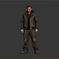 Man Wearing Brown Leather Jacket Black Hoodie And Dirty Work Pants Standing Against Gray Background