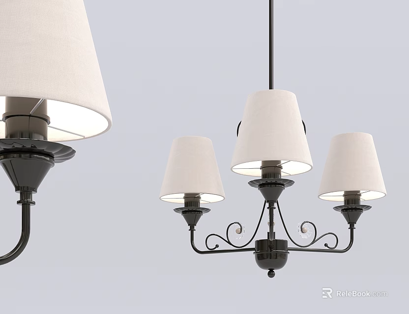 Vintage Chandelier with Three White Lamp Shades and Black Metal Curved Frame Design 3d model 