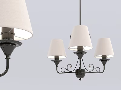 Vintage Chandelier with Three White Lamp Shades and Black Metal Curved Frame Design 3d model