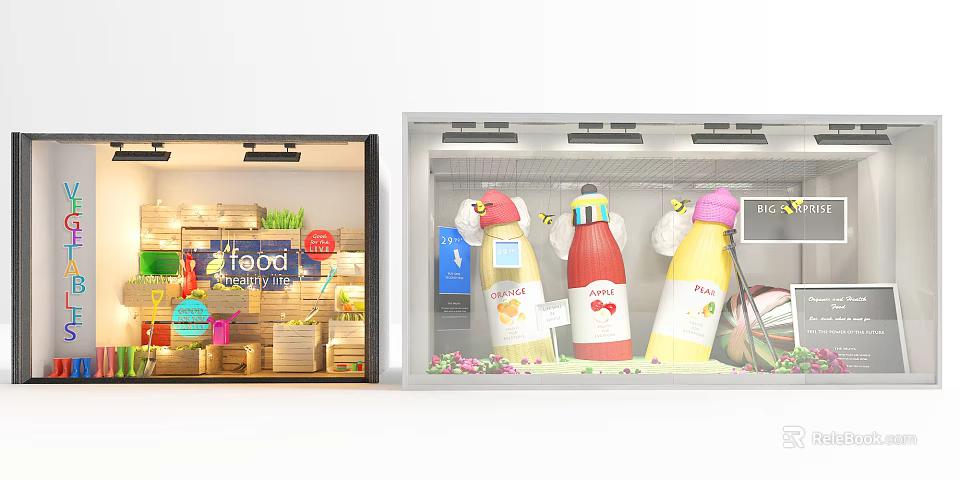 Shop Window Displays With Field Signage Wooden Shelves And Colorful Fruit Bottles Flower Decor 3d model 