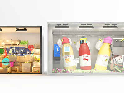 Shop Window Displays With Field Signage Wooden Shelves And Colorful Fruit Bottles Flower Decor 3d model