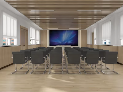 Spacious Conference Room With Rows Of Black Chairs Large Screen And Wooden Ceiling 3d model