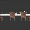 Dining Table Setup With Roasted Chicken Green Bottle Cutlery And Wooden Chairs