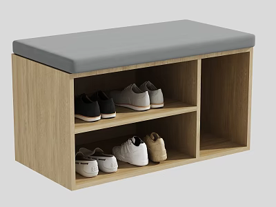 Wooden Shoe Storage Bench With Grey Cushioned Seat And Multiple Shelves For Shoes 3d model