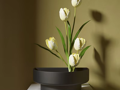Elegant Decorative Ornament Set with Black Vase and White and Yellow Tulips on Table 3d model