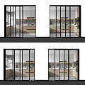 Modern Kitchen Interior Sliding Doors Design With Glass Panels And Black Frames 3d model