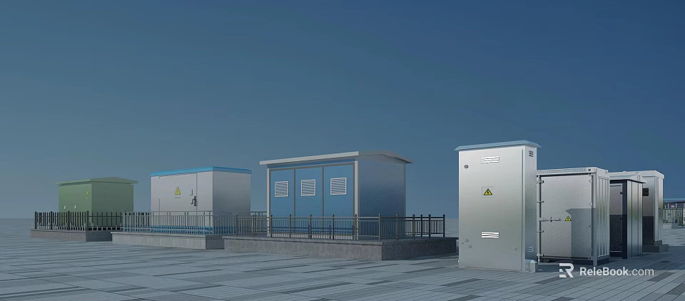 Outdoor Electrical Equipment Cabinets In Gray And Blue With Platform Railings Under Blue Sky 3d model 