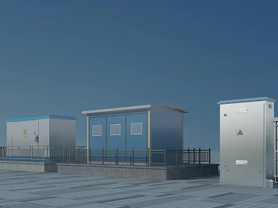 Outdoor Electrical Equipment Cabinets In Gray And Blue With Platform Railings Under Blue Sky 3d model