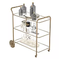 Elegant Gold Frame Three Tier Glass Bar Cart With Bottles Wine Glasses And Tools