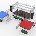 Industrial Equipment Outdoor Exhibition Setup With Blue Canopy Metal Frame Fencing Tables And Chairs