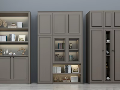 Modern Gray Decorative Cabinets With Glass Doors Books And Photo Frames 3d model